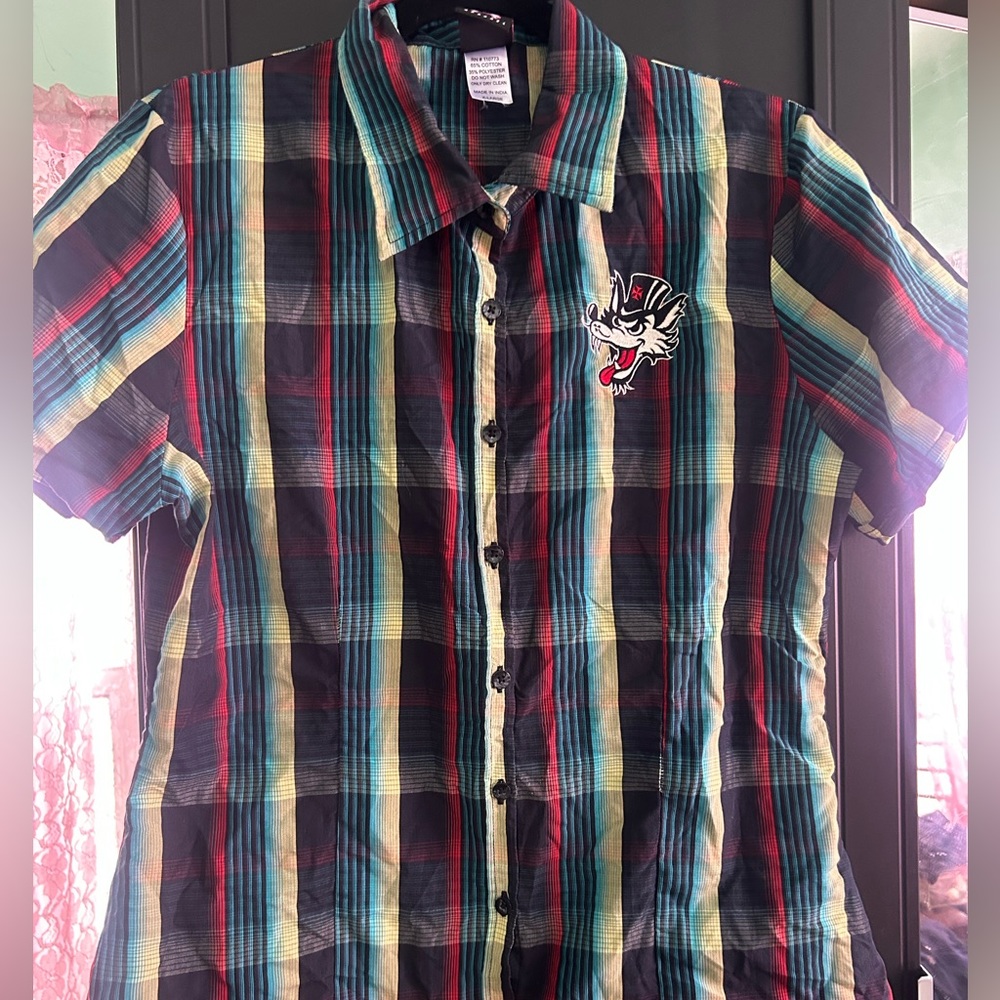 Women’s Multicolor lucky 13 wolf man Plaid Shirt with Embroidered Patch plus xl